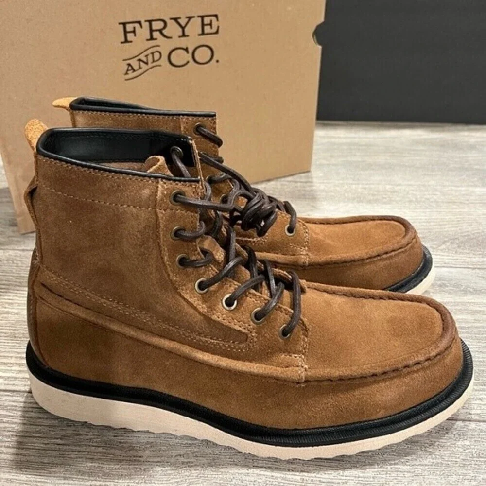 NWT Frye and Co Montana Waxed Suede Moc Toe Wedge Boots 9.5 M Tan Brown - Picture 9 of 11